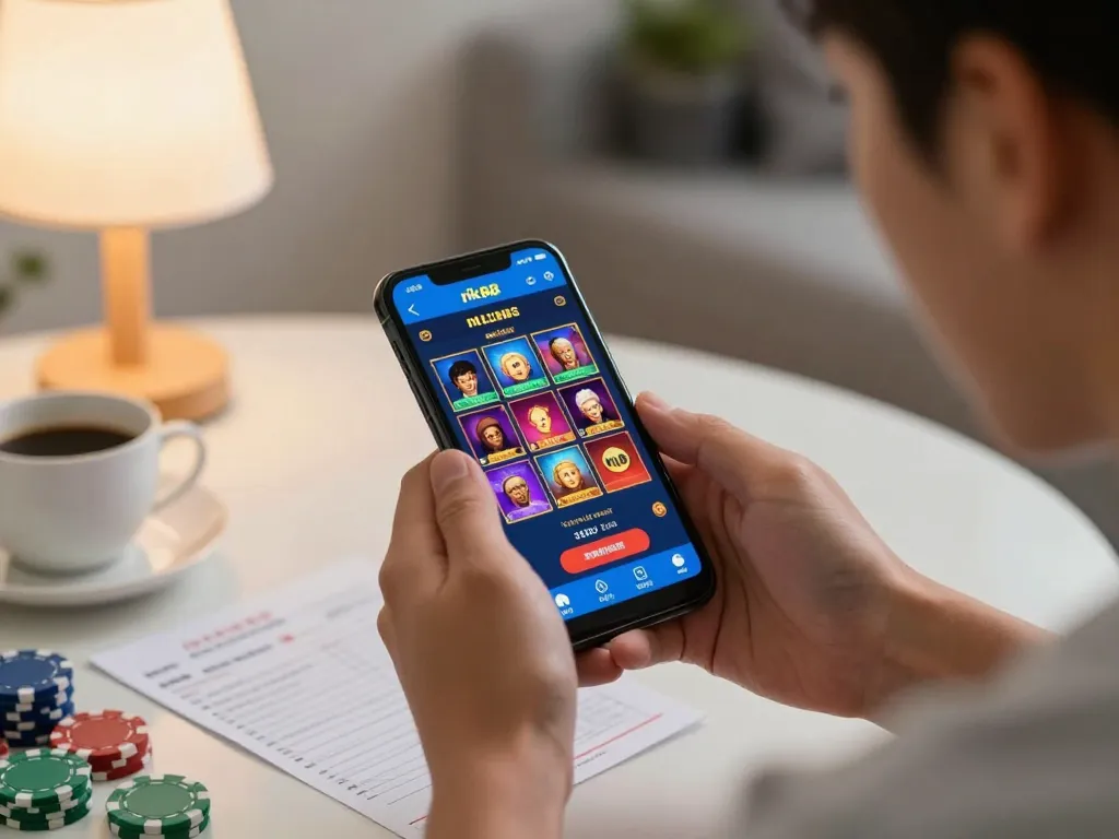 Engaging gameplay on smartphone showcasing tải game rik88 in a cozy home environment, highlighting a strategic online gambling experience.