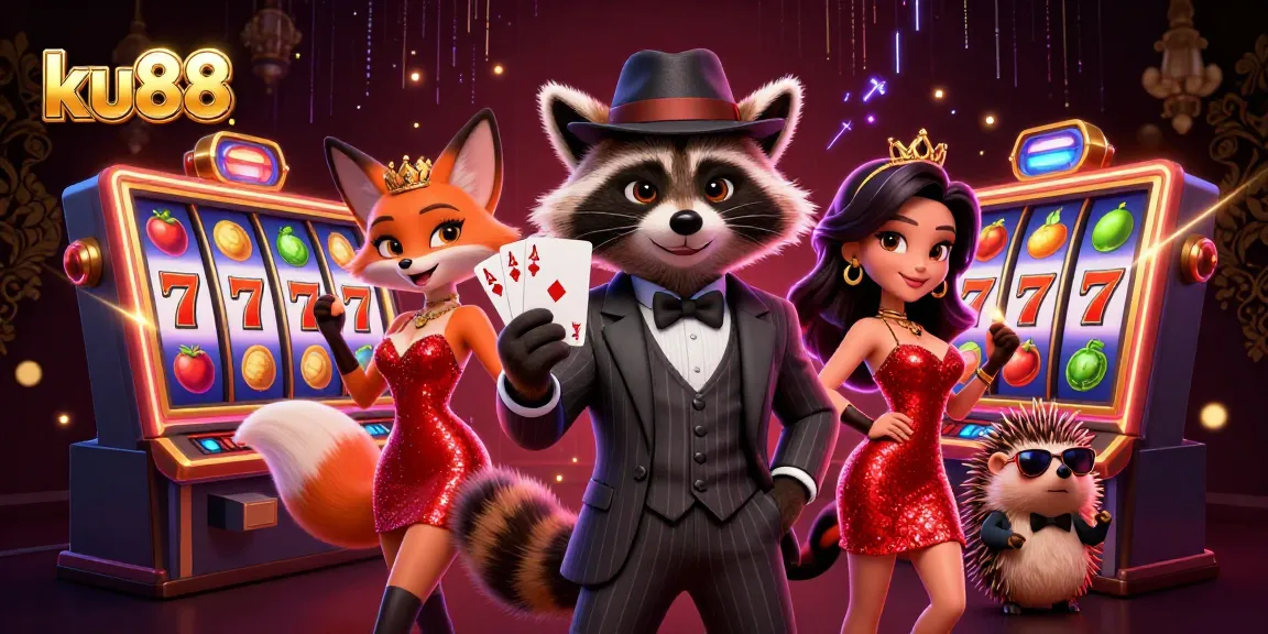 Join the action at ku88 with captivating characters, slot reels, and vibrant casino elements.