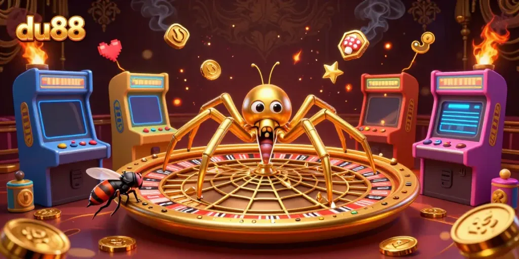 Engage in thrilling du88 gameplay with a golden spider and centipede croupier in a dynamic casino scene.