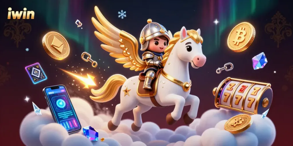 Engage with iwin’s thrilling slots featuring a knight on a celestial horse amid cryptocurrencies.