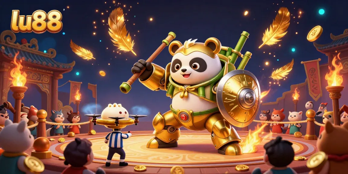 Experience thrilling gameplay at lu88 with a golden panda in a vibrant casino arena.