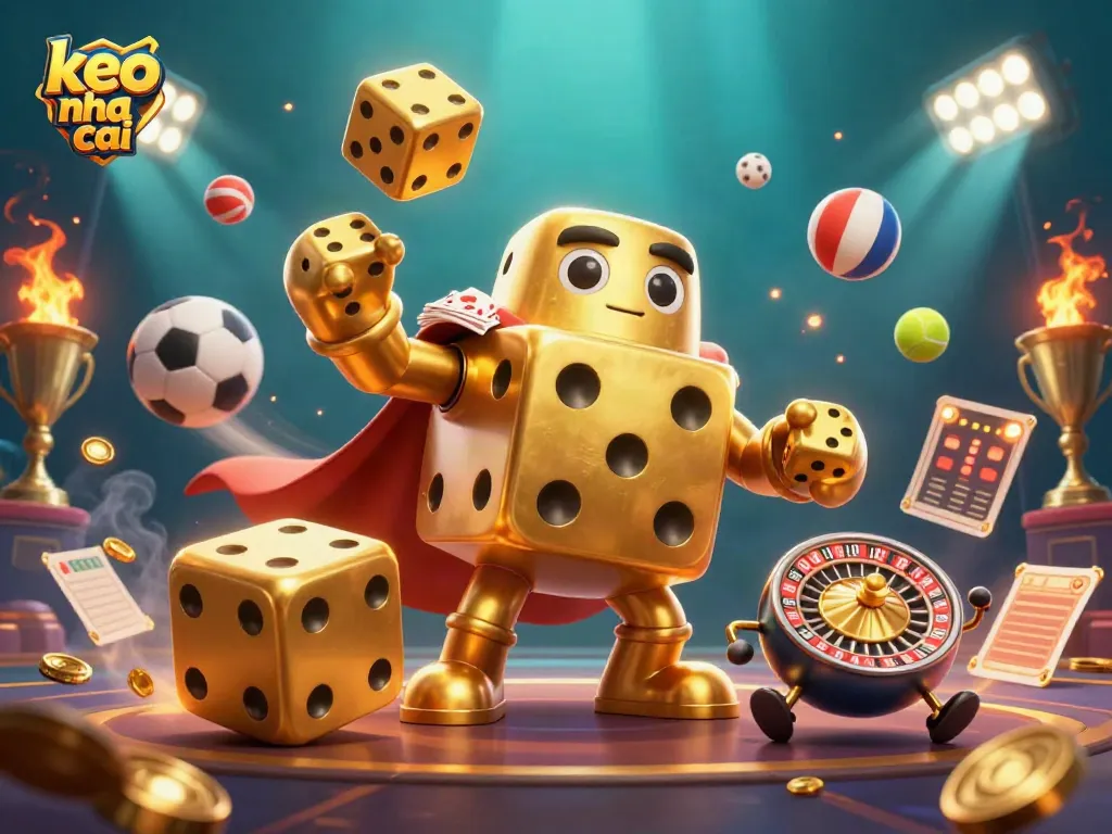 Engage with keo nha cai showcasing golden dice and vibrant sports elements in a dynamic gambling scene.
