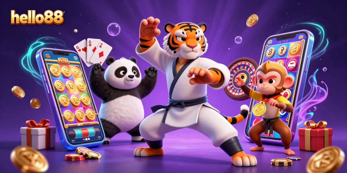 Experience hello88's vibrant gaming environment with the kung fu tiger and friends in action.