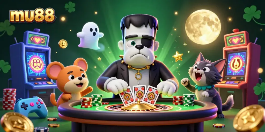 Experience mu88 with engaging characters at a lively, spooky roulette table surrounded by casino elements.