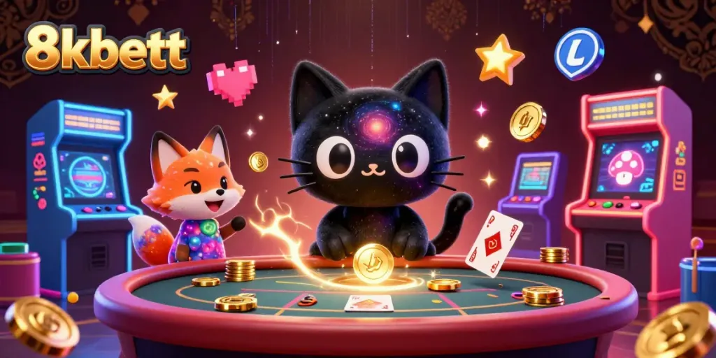 Engage with 8kbett's cosmic casino experience, featuring a black hole cat and a colorful fox amidst interactive game elements.