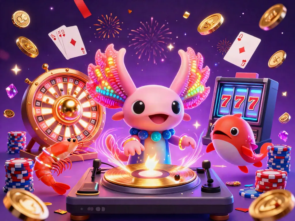 Engage with mubet's vibrant virtual casino featuring an axolotl DJ, glowing shrimp dancers, and dynamic gameplay.