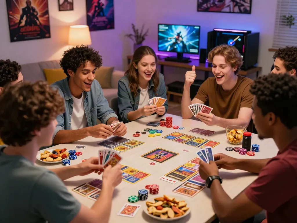 Group of friends enjoying a gaming night at home with ku88 gaming tokens.