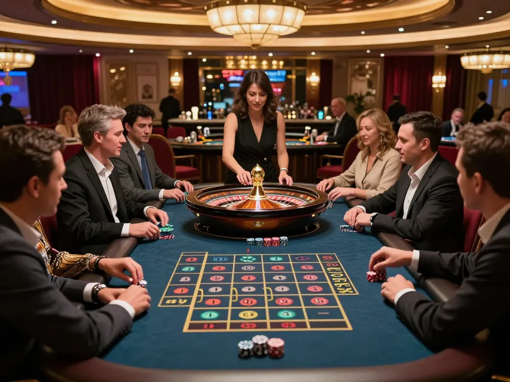 cm88-vn players enjoying the excitement at a live roulette table in a luxurious casino.