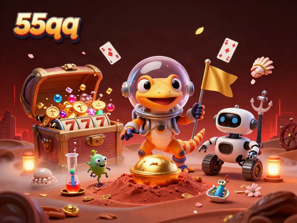 Experience thrilling gaming with 55qq as the Martian gecko uncovers treasures in a vibrant casino.