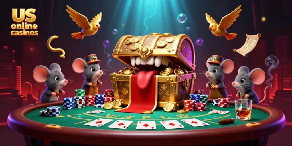 Experience us online casinos with adventurer mice and treasure chests in a vibrant, rich 3D scene.