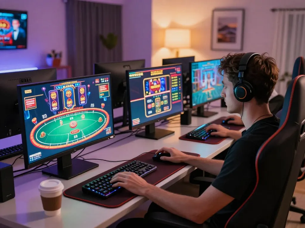 Engaging in online gambling at Freecuci365 with multiple screens showcasing games.