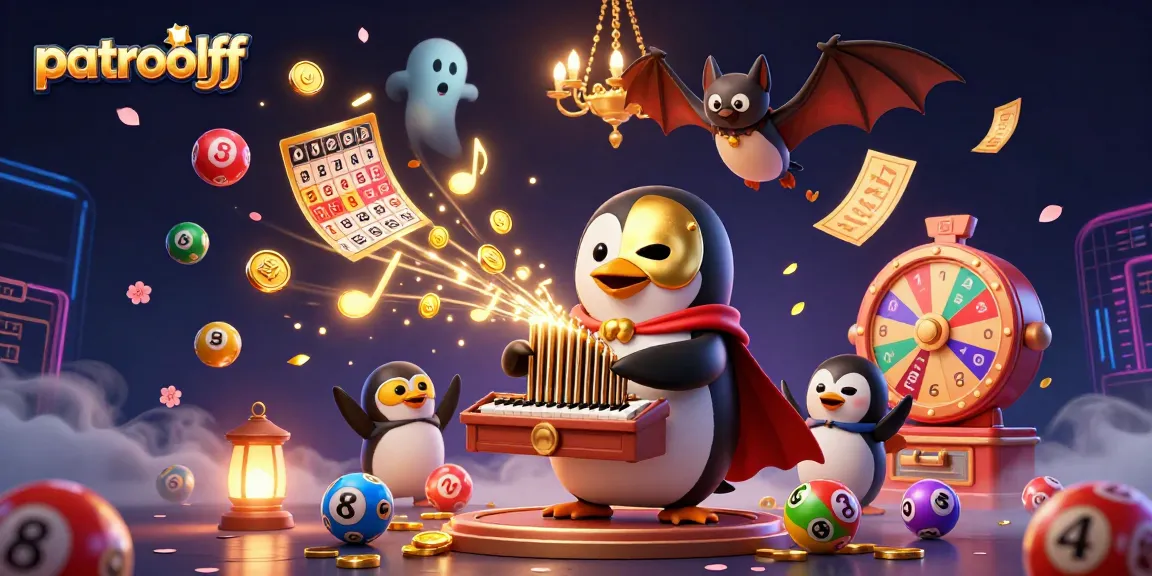 Experience excitement with patroloff as a penguin plays a gold-shooting organ amidst bouncing lottery balls.