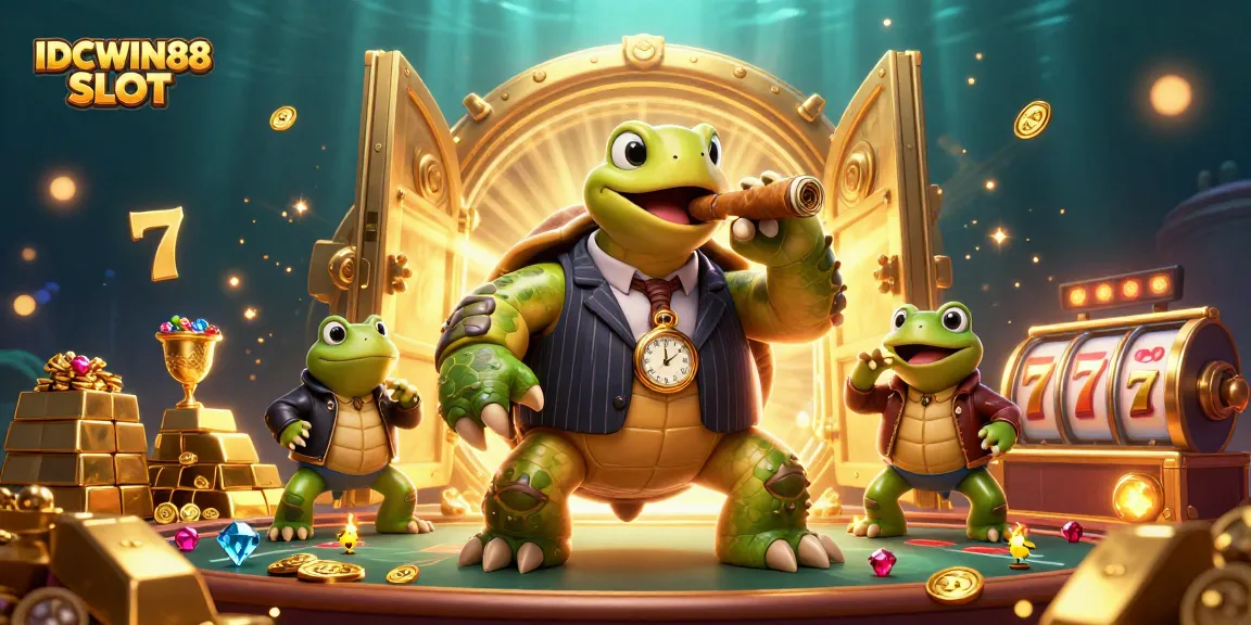 Spin the reels at IDCWIN88 SLOT with a turtle mobster and frog enforcers in a vibrant casino scene.
