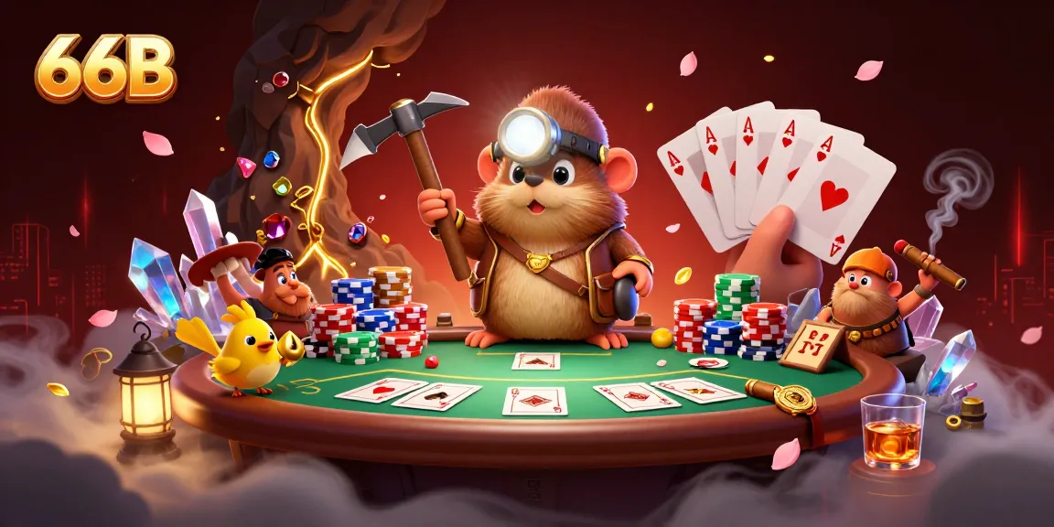 Experience thrilling gambling adventures at 66B with a dynamic scene of cartoon characters amidst poker tables and golden treasures.