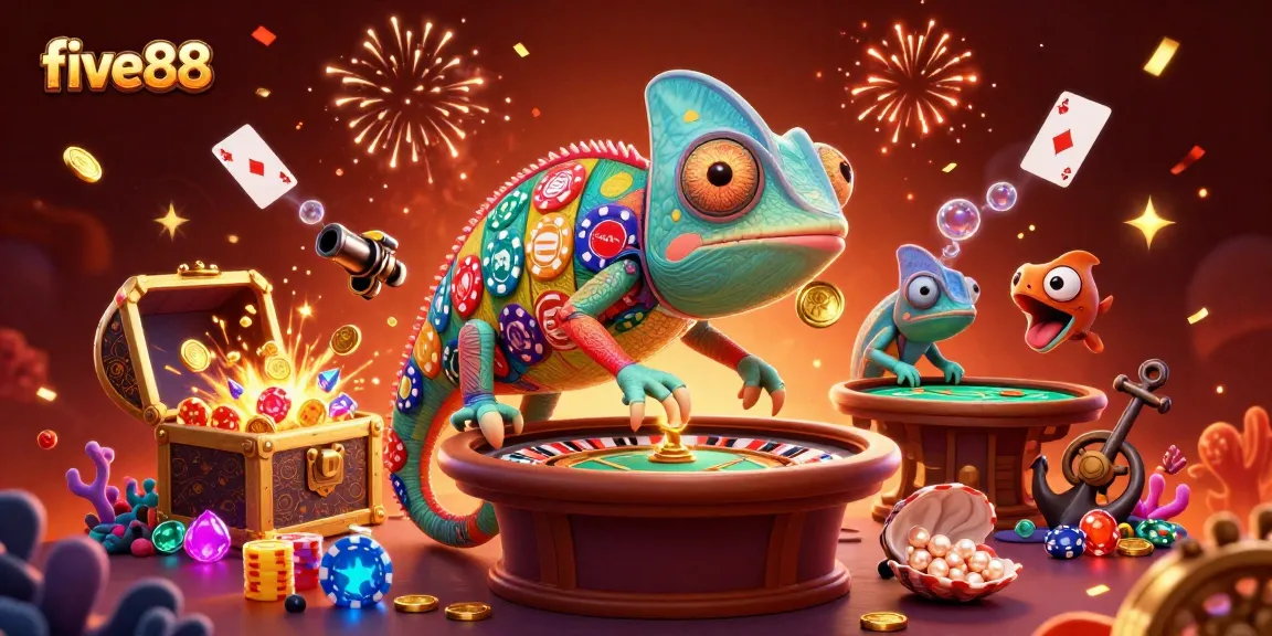 Experience excitement at five88 with a vibrant casino scene featuring a playful chameleon and dynamic games.