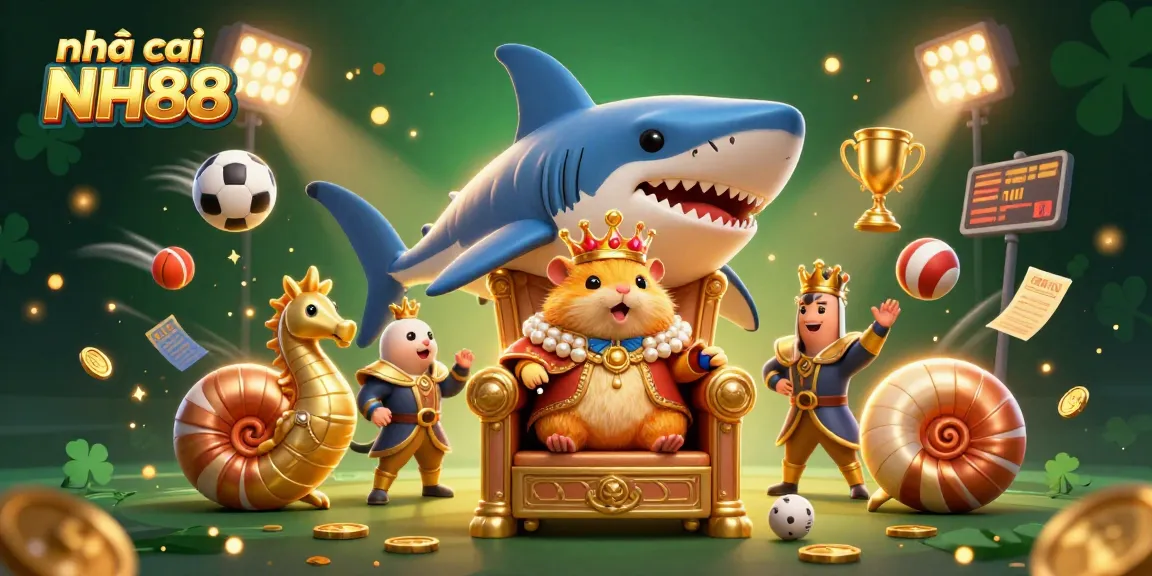 Experience excitement at nhà cái NH88 with a colorful 3D scene filled with dynamic gambling elements and a royal hamster.