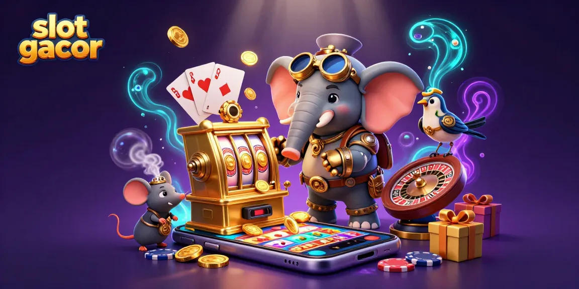 Experience slot gacor with a steampunk elephant operating a golden slot machine in this vibrant 3D illustration.