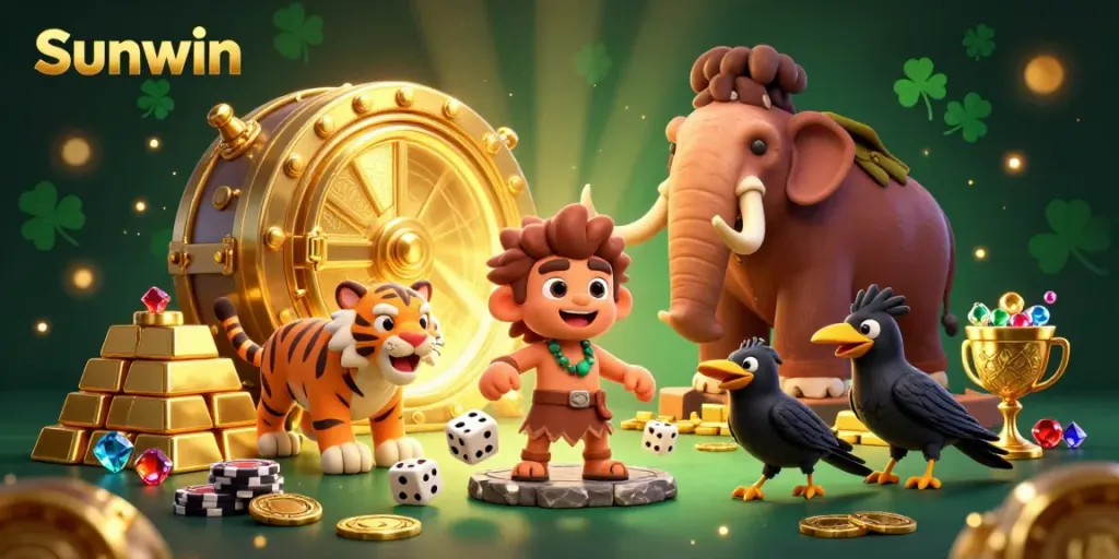 Experience the thrill of Sunwin at a vibrant prehistoric casino, featuring unique characters and treasure elements.