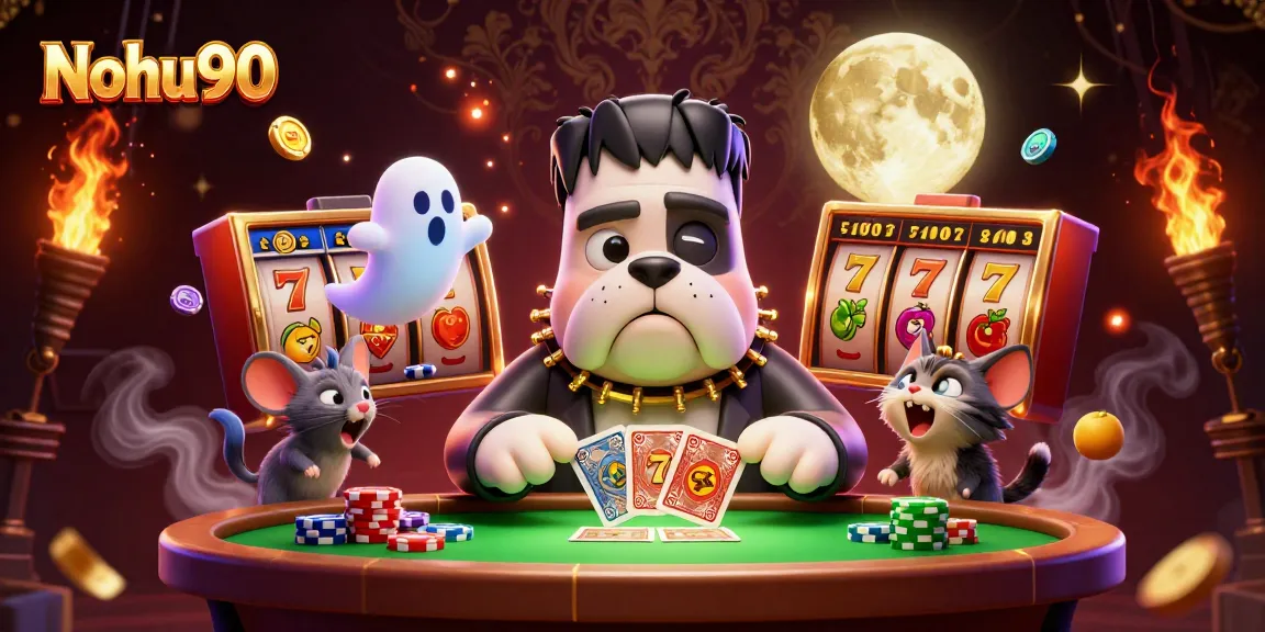 Nohu90 showcases a lively scene with a Frankenstein bulldog monster dealing cards, enhancing the online gaming experience.