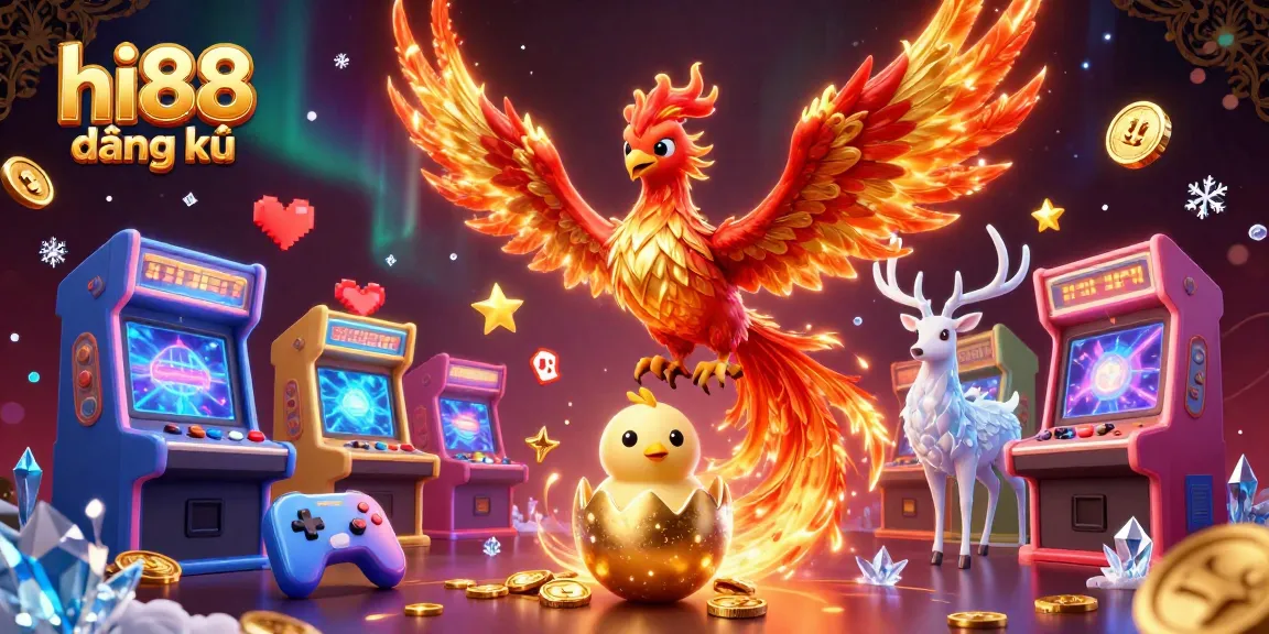 Experience the excitement of hi88 đăng ký in a vibrant casino-themed illustration with phoenix and game elements.
