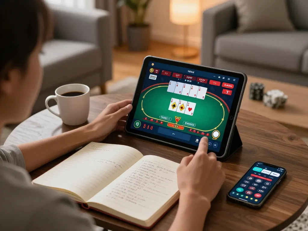 Engaging in online poker on a tablet showcasing da88gg strategies in a relaxed home setting.