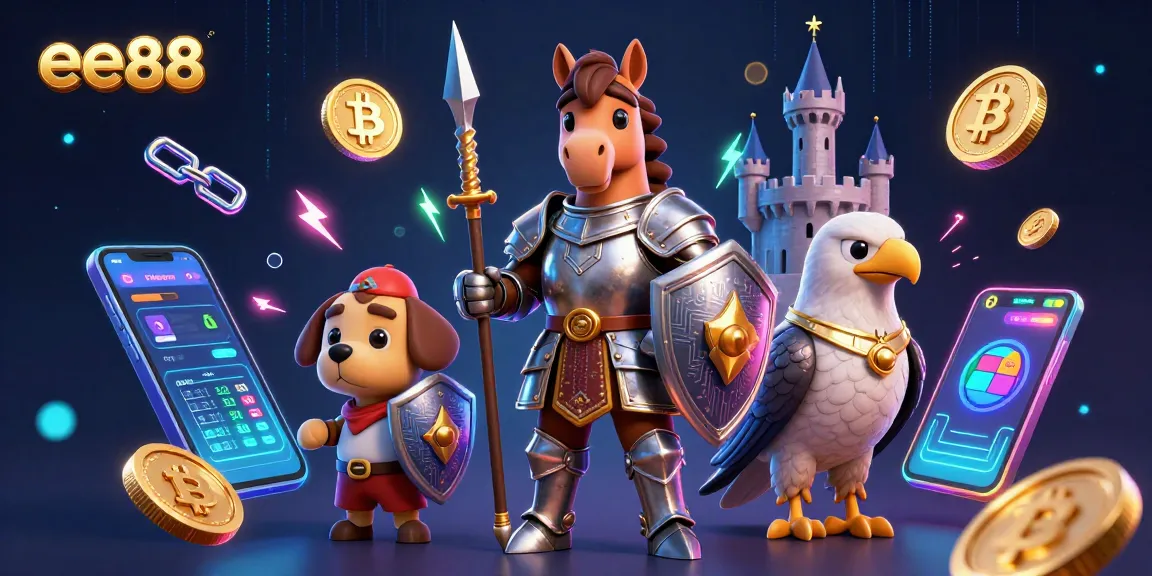 ee88 showcases a colorful 3D casino scene with a knight, squire puppy, and falcon, amidst crypto elements.