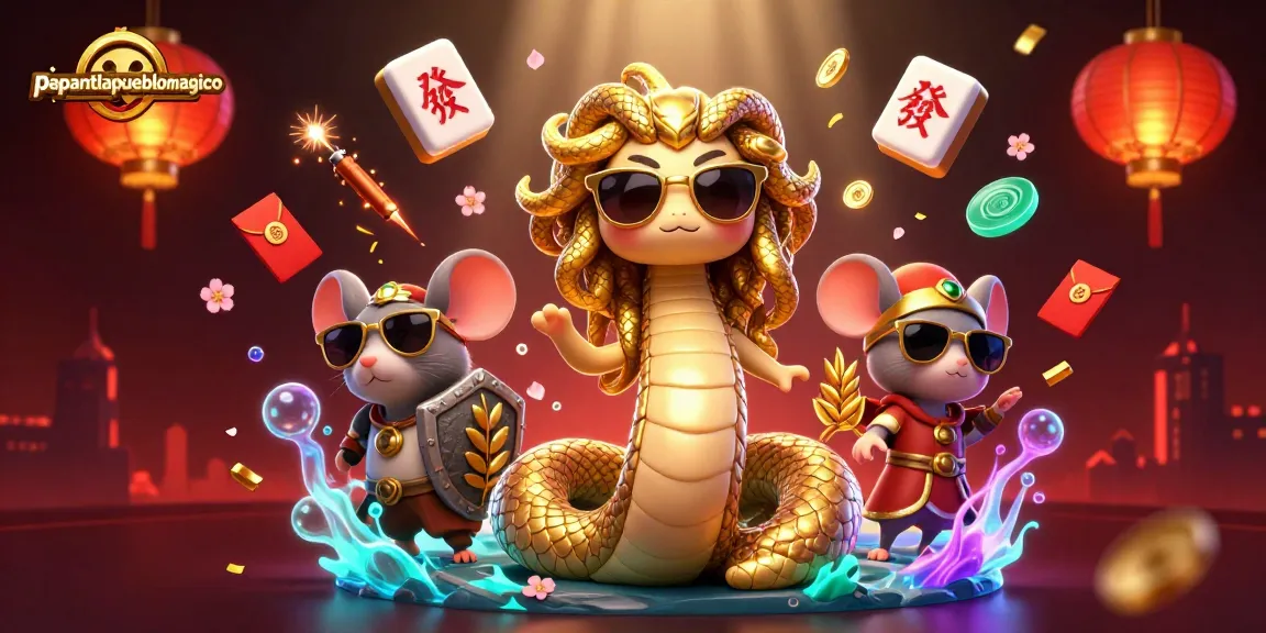 Pengalaman bermain papantlapueblomagico dengan ilustrasi Medusa dan mouse pahlawan dalam permainan.