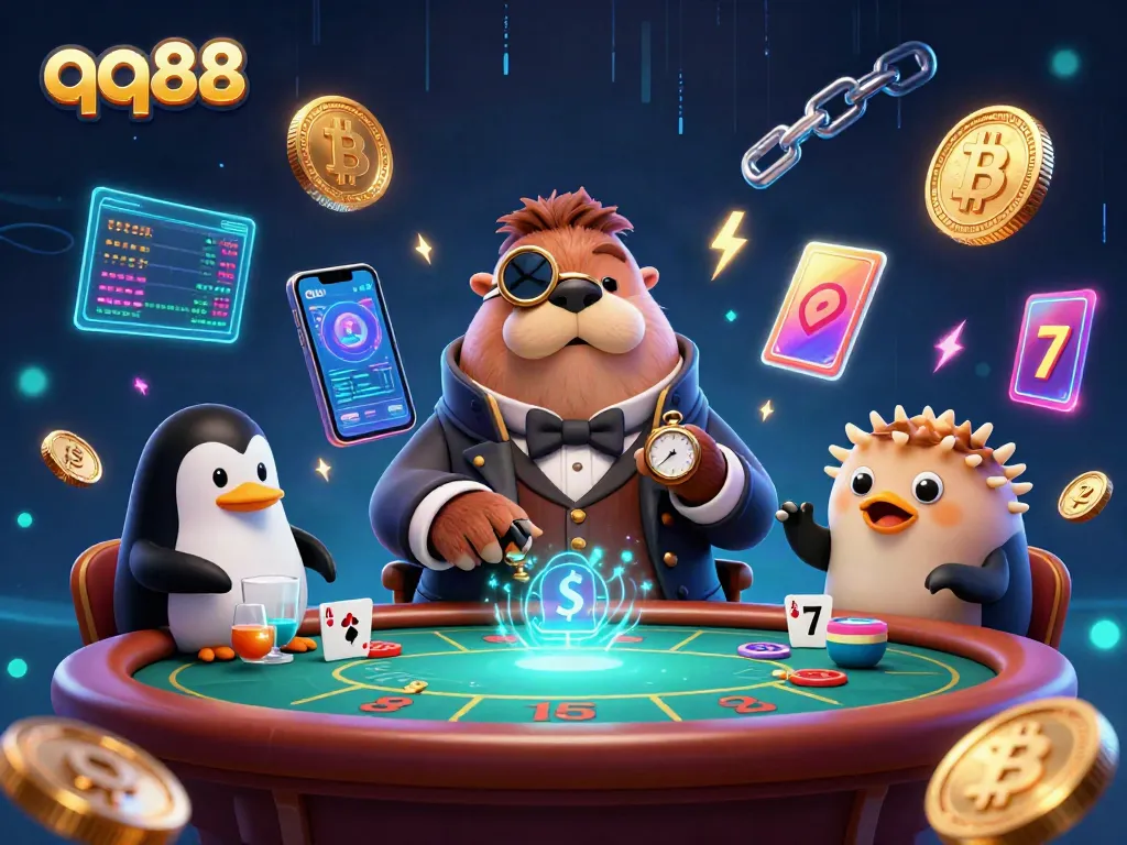 Engage in thrilling gameplay at qq88 with a vibrant underwater poker scene featuring a walrus, penguin dealer, and pufferfish bluffing.