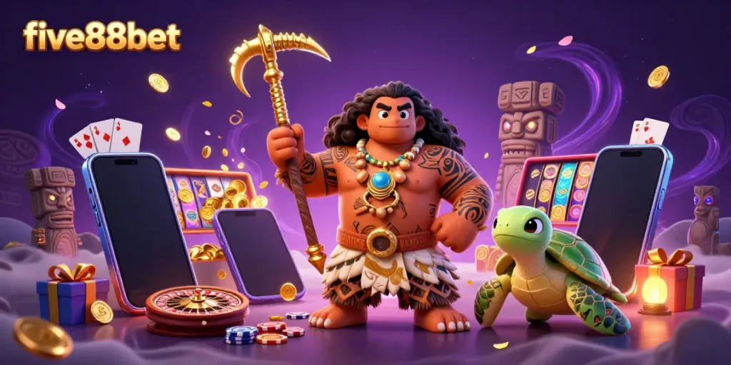 Engaging five88bet scene with a demigod hawk and turtle amidst vibrant casino elements.