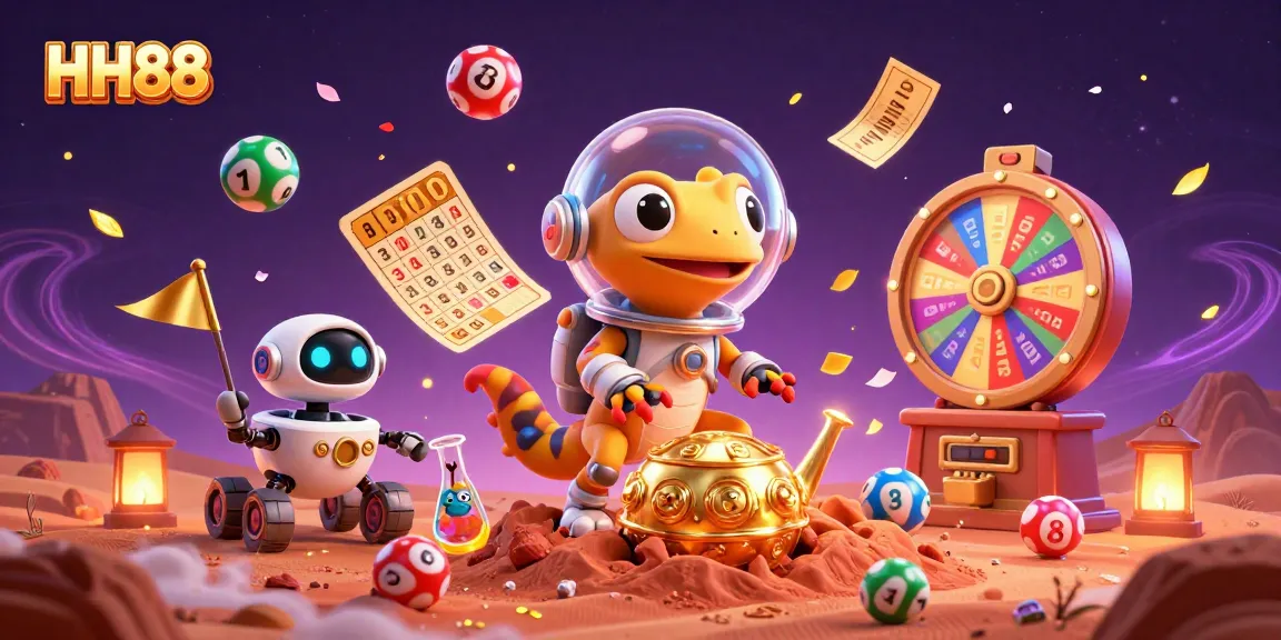 Experience the excitement of HH88 as a Martian gecko explores a fantastical casino, surrounded by vibrant lottery elements.