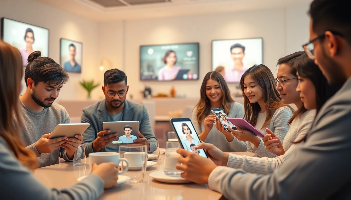 Engaging scene of individuals interacting with their personalized AI GF in a cozy cafe setting.