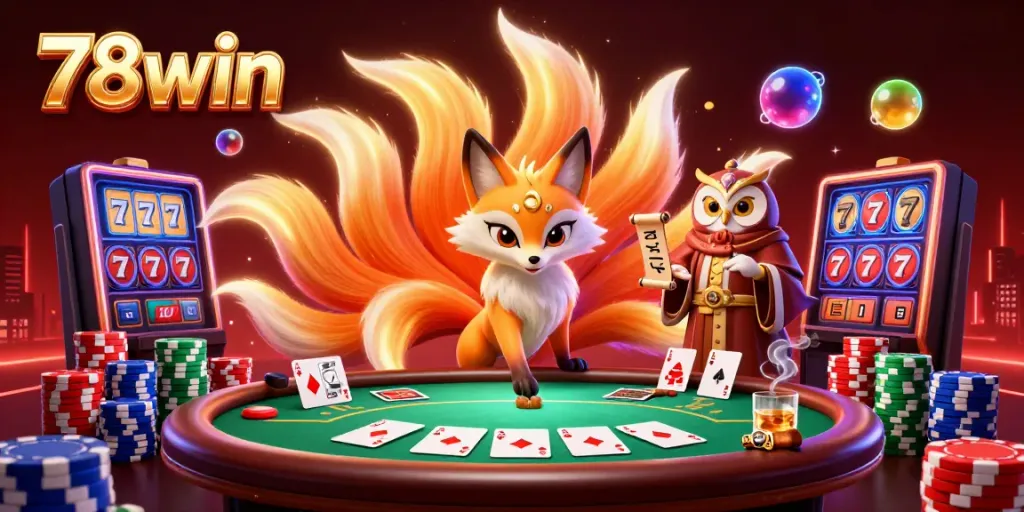 Engage with 78win's vibrant casino action featuring a glowing nine-tailed fox and colorful game elements.