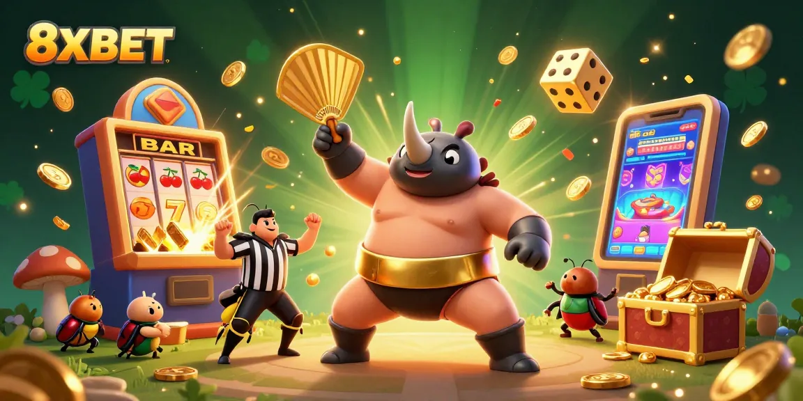 Experience thrilling gaming with 8XBET where a beetle champion crushes coins in a vibrant casino.
