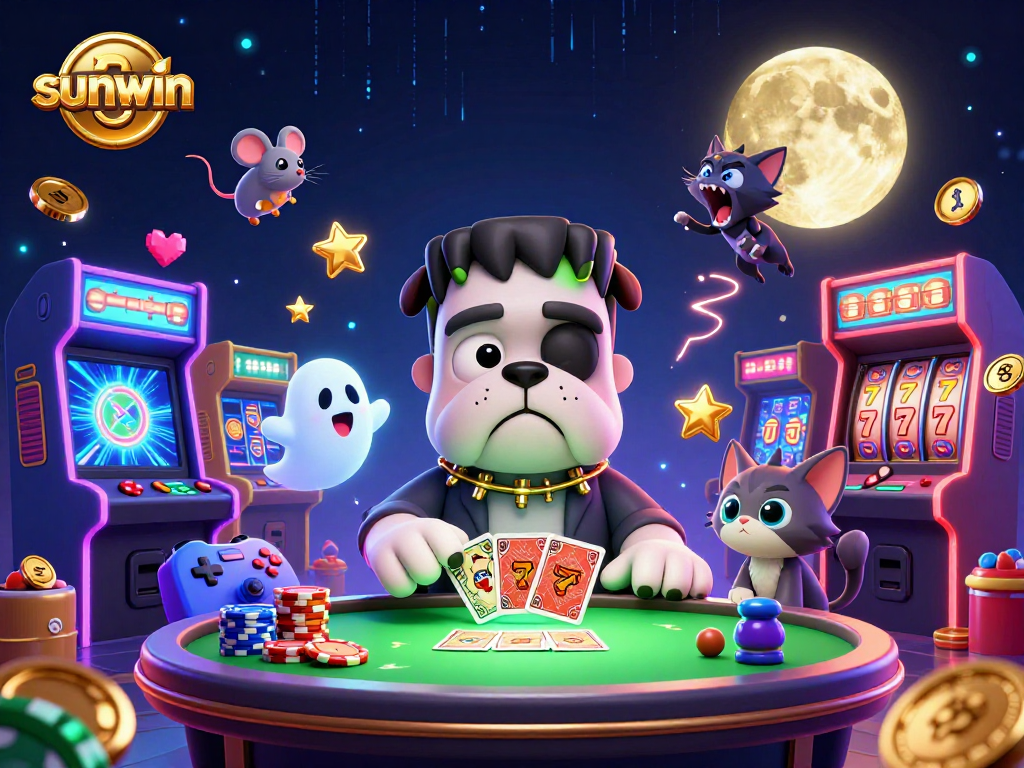 Join the fun at sunwin with a Frankenstein bulldog dealing cards in a vibrant casino scene.