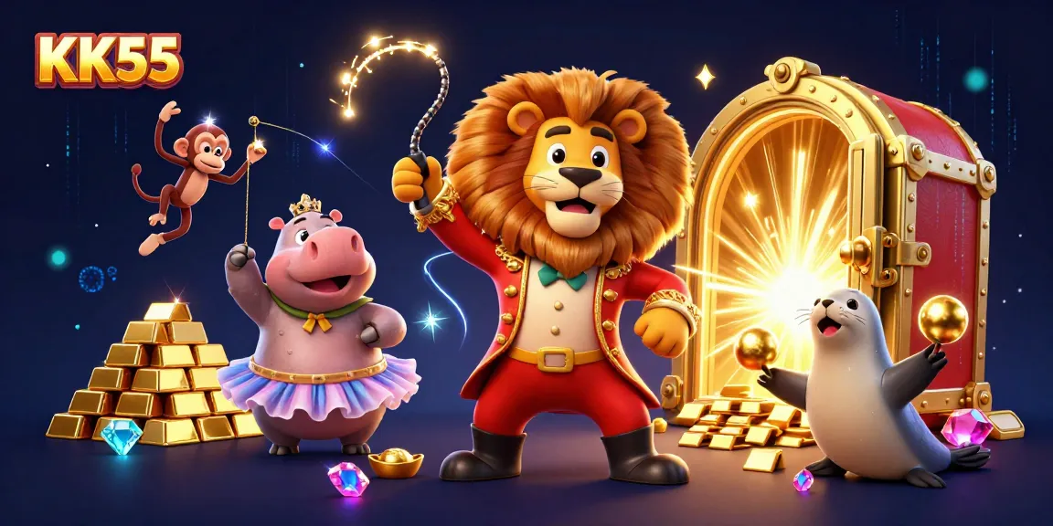 Experience the thrill of KK55 with colorful circus characters celebrating big wins and jackpots in a lively casino scene.