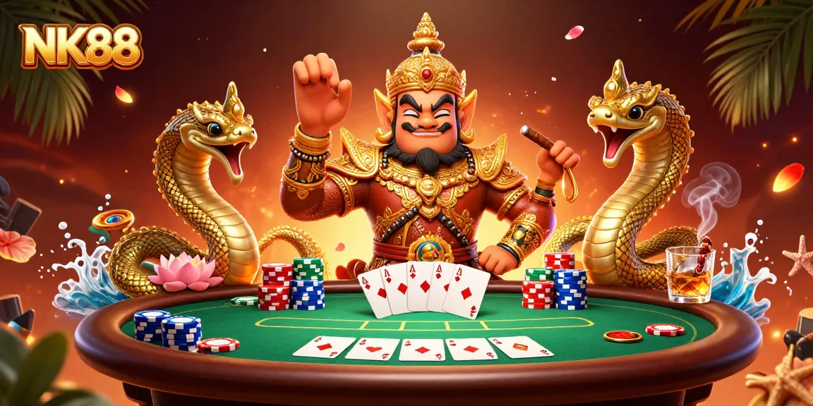 Experience thrilling poker moments at NK88 with vibrant characters, chips, and cards in this casino illustration.