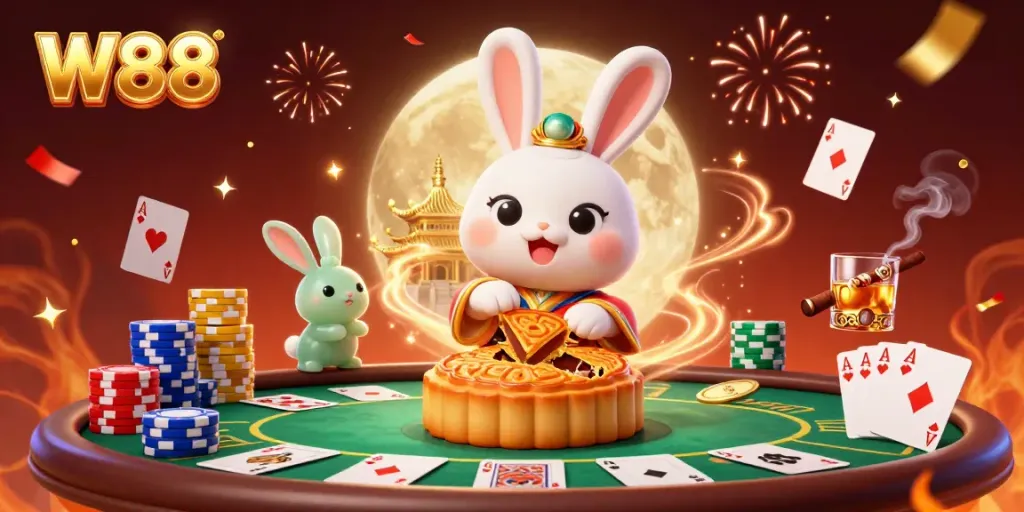 Experience the thrill of W88 with vibrant casino elements in a dazzling moonlit scene.