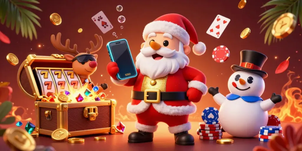 Experience the thrill of NOHU with a vibrant casino scene featuring Santa Claus, a reindeer dealer, and a snowman, amidst jackpot slots and treasure.