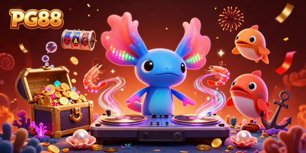 Engage with PG88's vibrant underwater casino scene featuring an axolotl DJ and dynamic game elements.