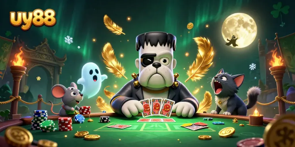 Engage in thrilling card games with uy88's 3D cartoon characters at a spooky casino table.