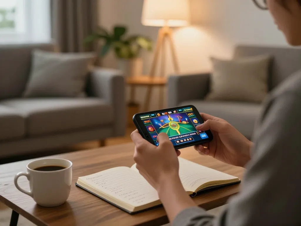 Bermain permainan kasino online di smartphone sambil bersantai di rumah dengan idn789