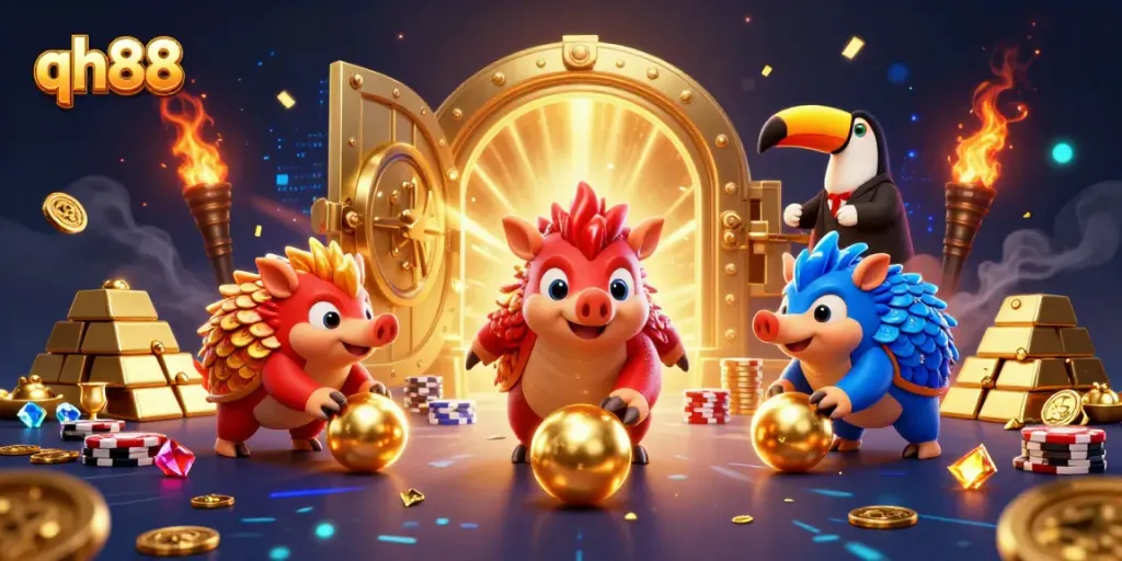 Experience thrilling gameplay with qh88 where pangolins compete among treasure and poker chips.
