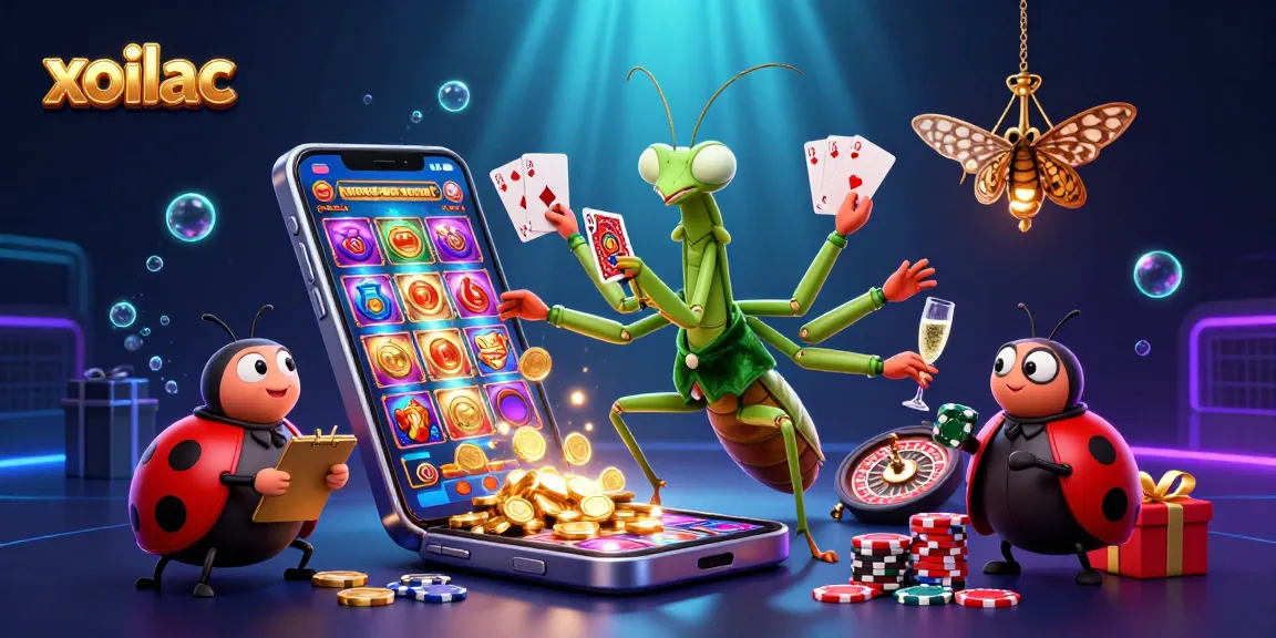 Xoilac sports betting scene featuring a giant praying mantis card sharp and ladybug pit boss, with casino elements.