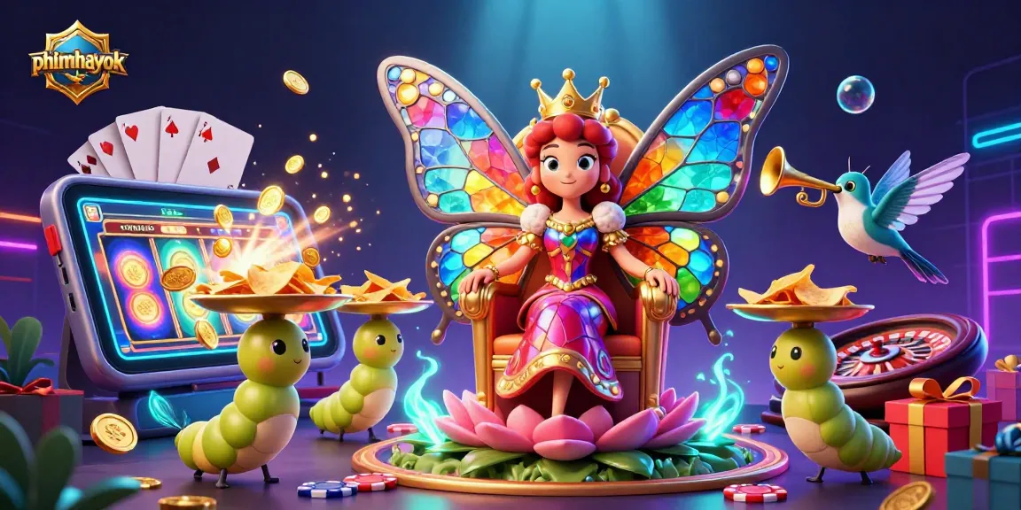 Experience thrilling spins with phimhayok's vibrant butterfly queen in a dazzling casino scene.
