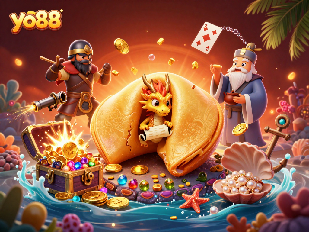 Engage with yo88's vibrant 3D fantasy casino illustration featuring a golden cookie dragon!