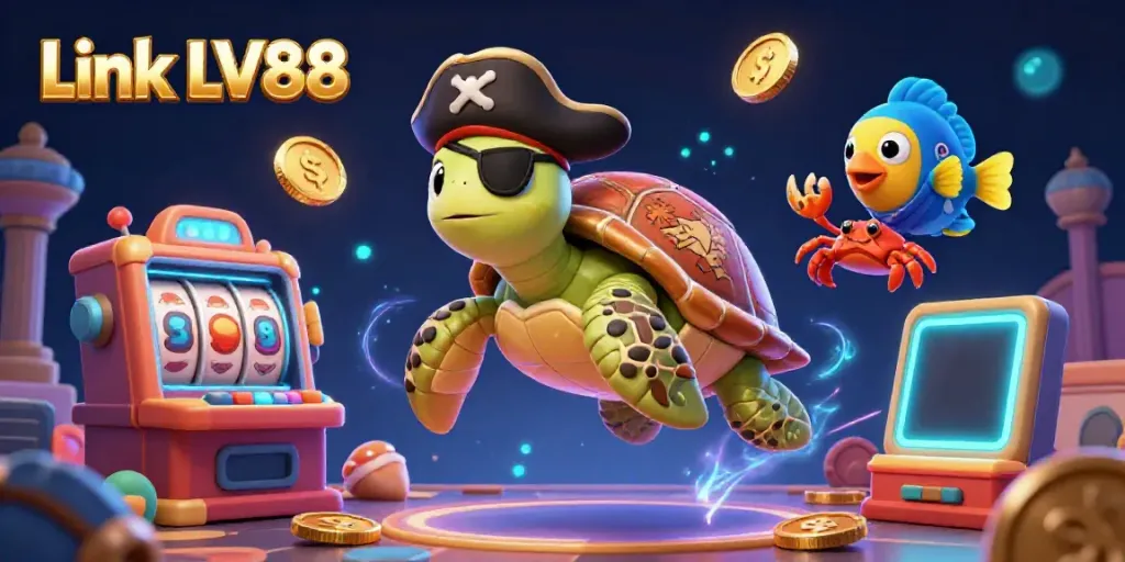 Engage with Link LV88 through an immersive casino adventure featuring a pirate turtle and vibrant game elements.