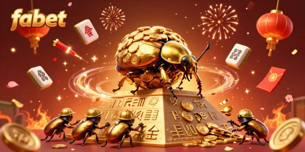 Experience the rich atmosphere of fabet with 3D golden beetles amidst scattered gaming elements and festive decorations.