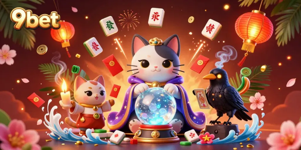 Experience the thrilling world of 9bet with fortune tellers and magical elements in this vibrant illustration.