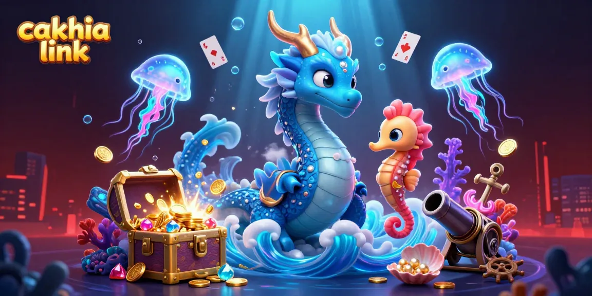 Experience thrilling cakhia link excitement with vibrant seahorse knights amidst treasure in this dynamic underwater scene.