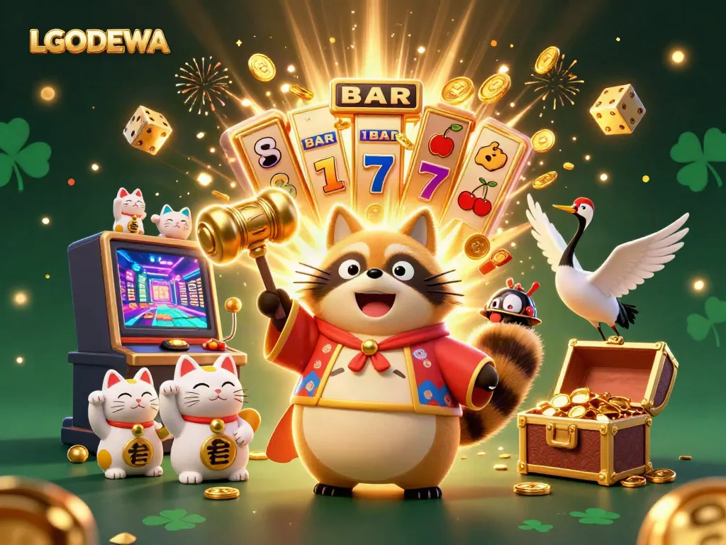 Engage with LGODEWA's vibrant casino scene featuring a cheerful tanuki, lucky symbols, and a jackpot explosion.